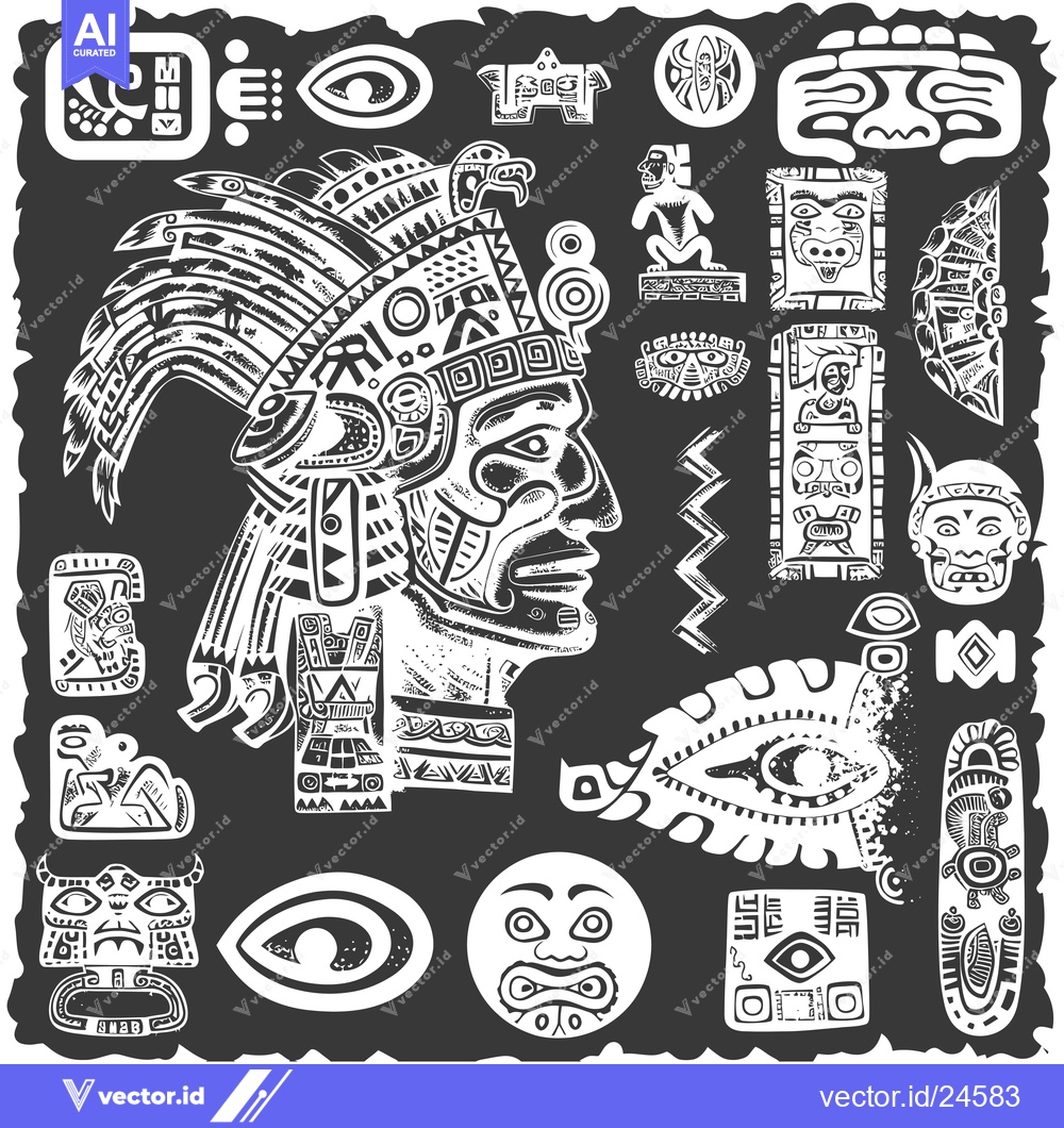 Premium Vector dari Black and White Illustration of Mayan Head with Tribal Patterns and Sy