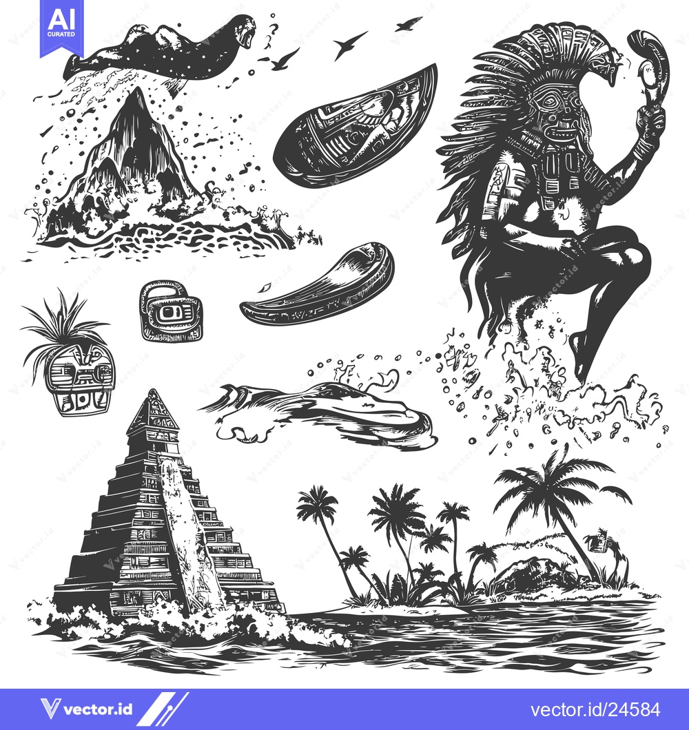 Premium Vector of Black and White Illustration of Mayan Ruins, Jungle, and a Figure in T