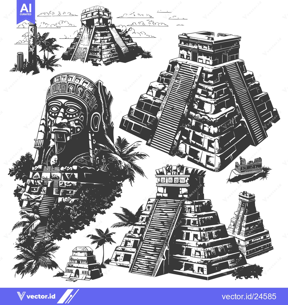 Premium Vector dari Black and White Illustration of Mayan Temples and Statues