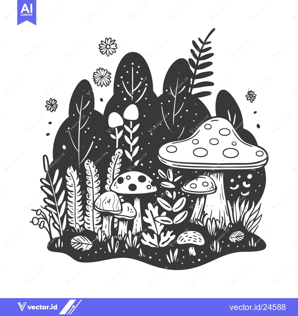 Premium Vector of Black and white illustration of mushrooms growing in a forest.