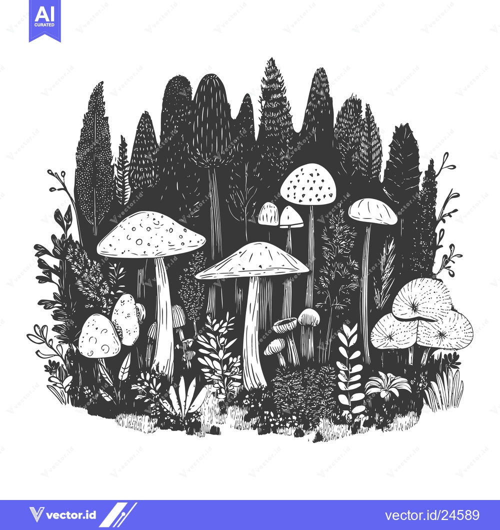 Premium Vector of Black and White Illustration of Mushrooms Growing in a Forest
