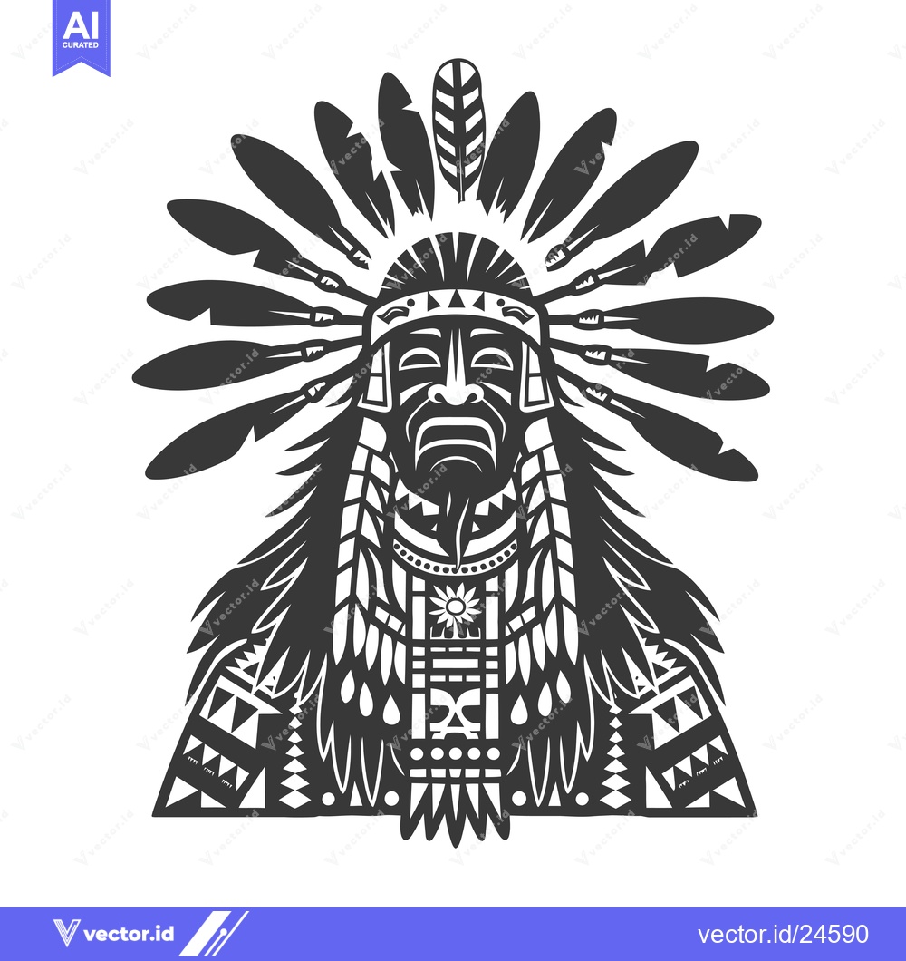 Premium Vector dari Black and White Illustration of Native American Chief with Feathers an