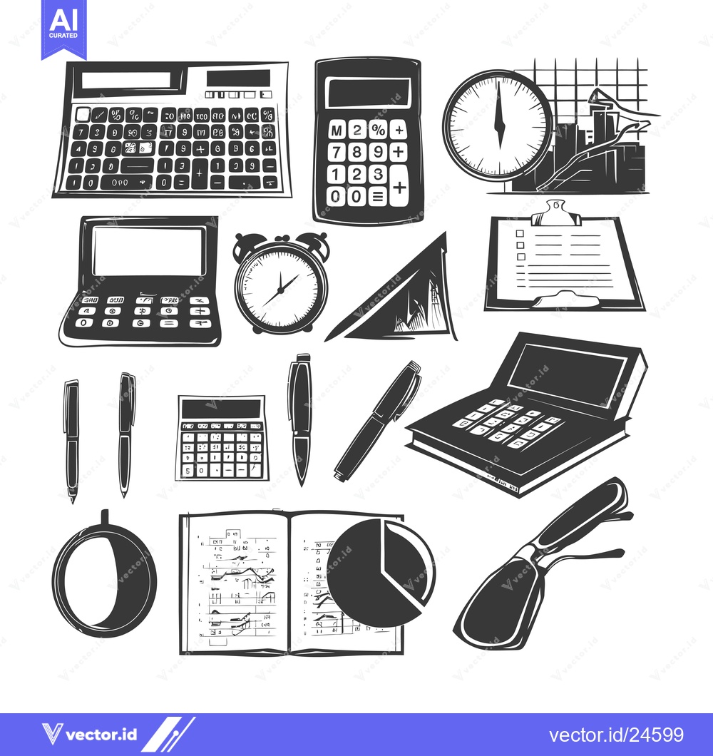 Premium Vector dari Black and White Illustration of Office Supplies and Calculators