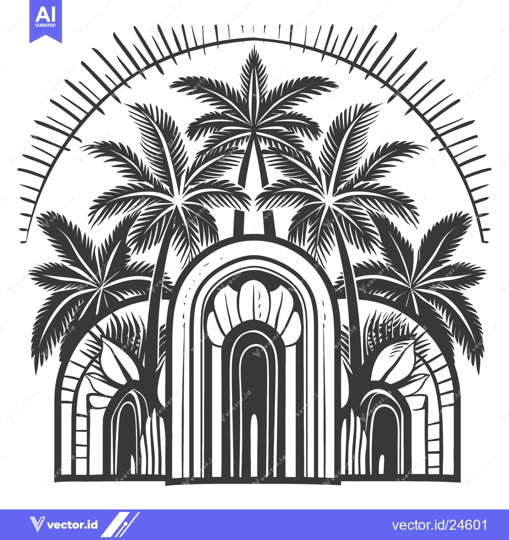 Premium Vector of Black and White Illustration of Palm Trees and an Ornate Archway