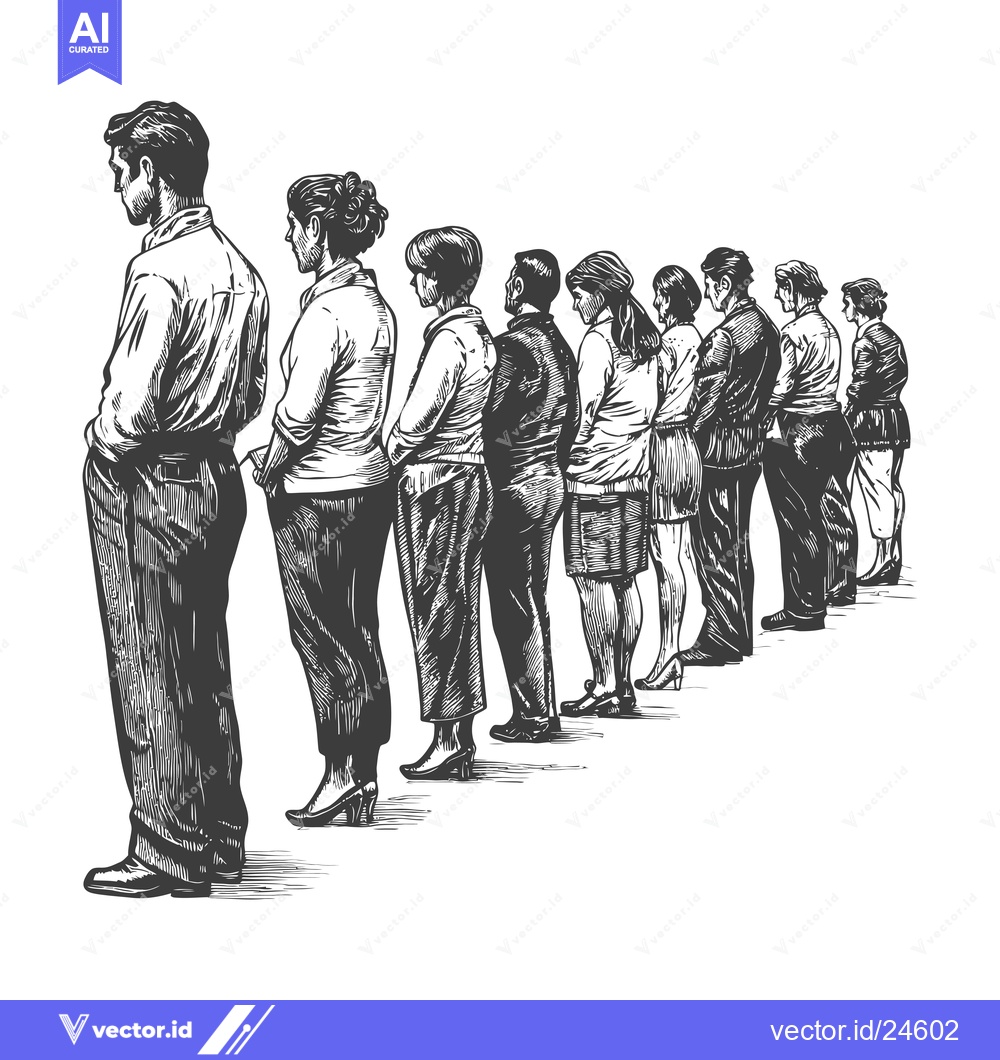 Premium Vector of Black and White Illustration of People Standing in Line