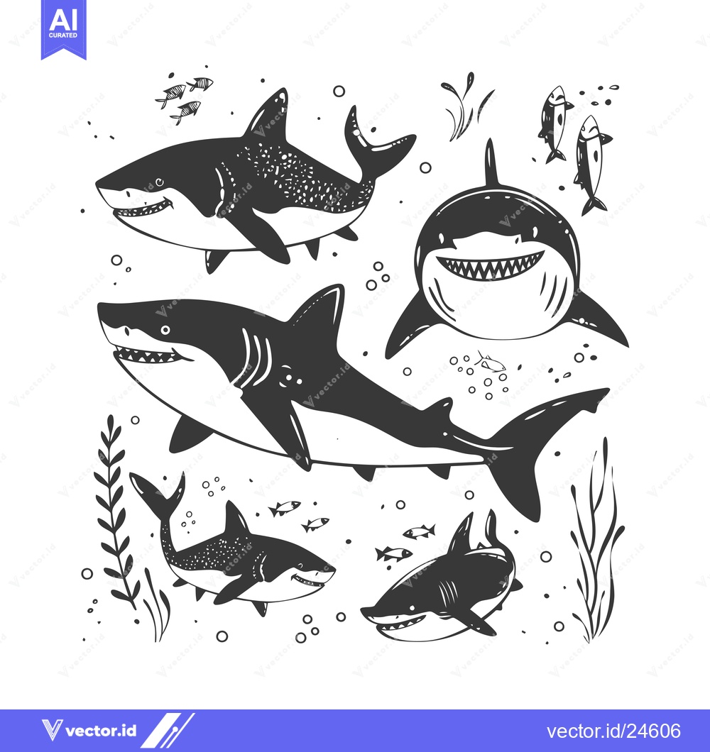Premium Vector of Black and White Illustration of Sharks and Fish in an Underwater Scene