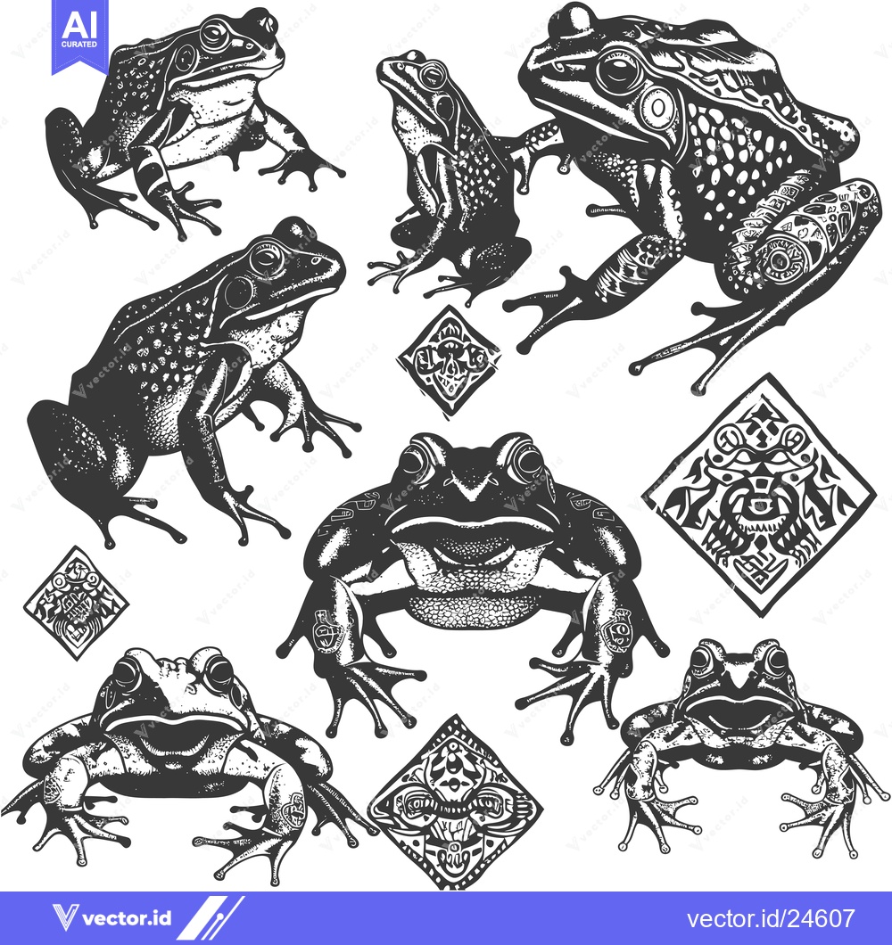 Premium Vector of Black and White Illustration of Six Frogs and Five Ornate Diamond Shap