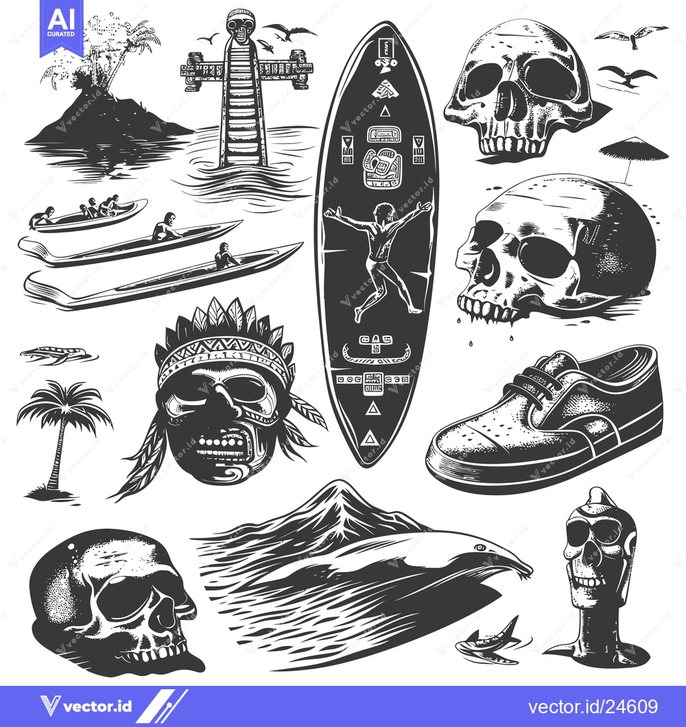 Premium Vector of Black and White Illustration of Skulls, Surfboards, and Tropical Image