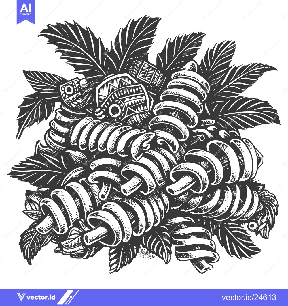Premium Vector of Black and White Illustration of Spiraled Pasta with Leaves