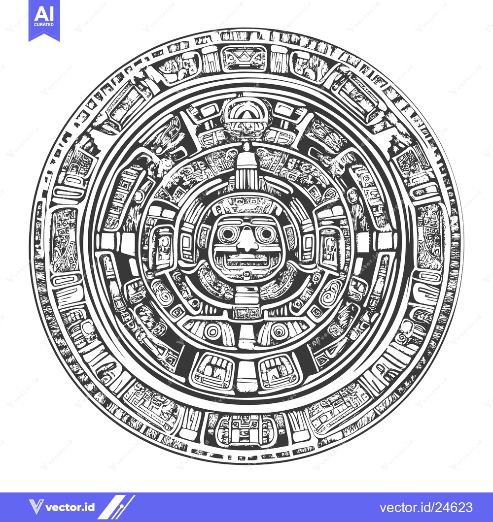 Premium Vector of Black and White Illustration of the Aztec Calendar Stone