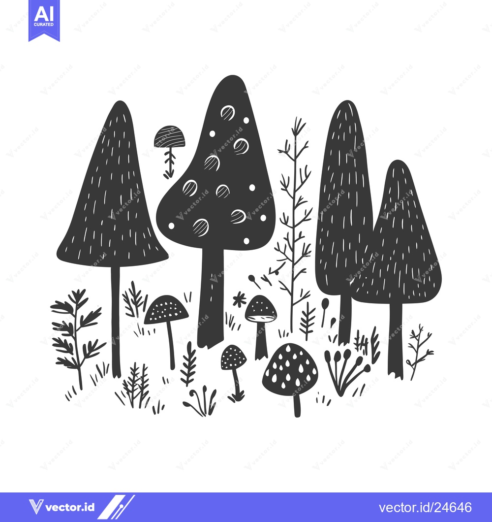 Premium Vector of Black and White Illustration of Trees and Mushrooms in a Forest