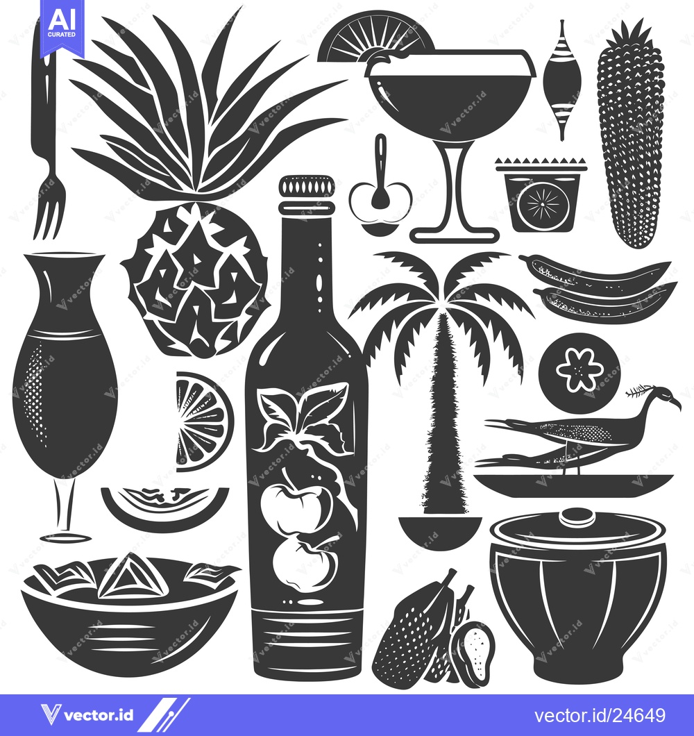Premium Vector of Black and White Illustration of Tropical Fruits, Food, and Drinks