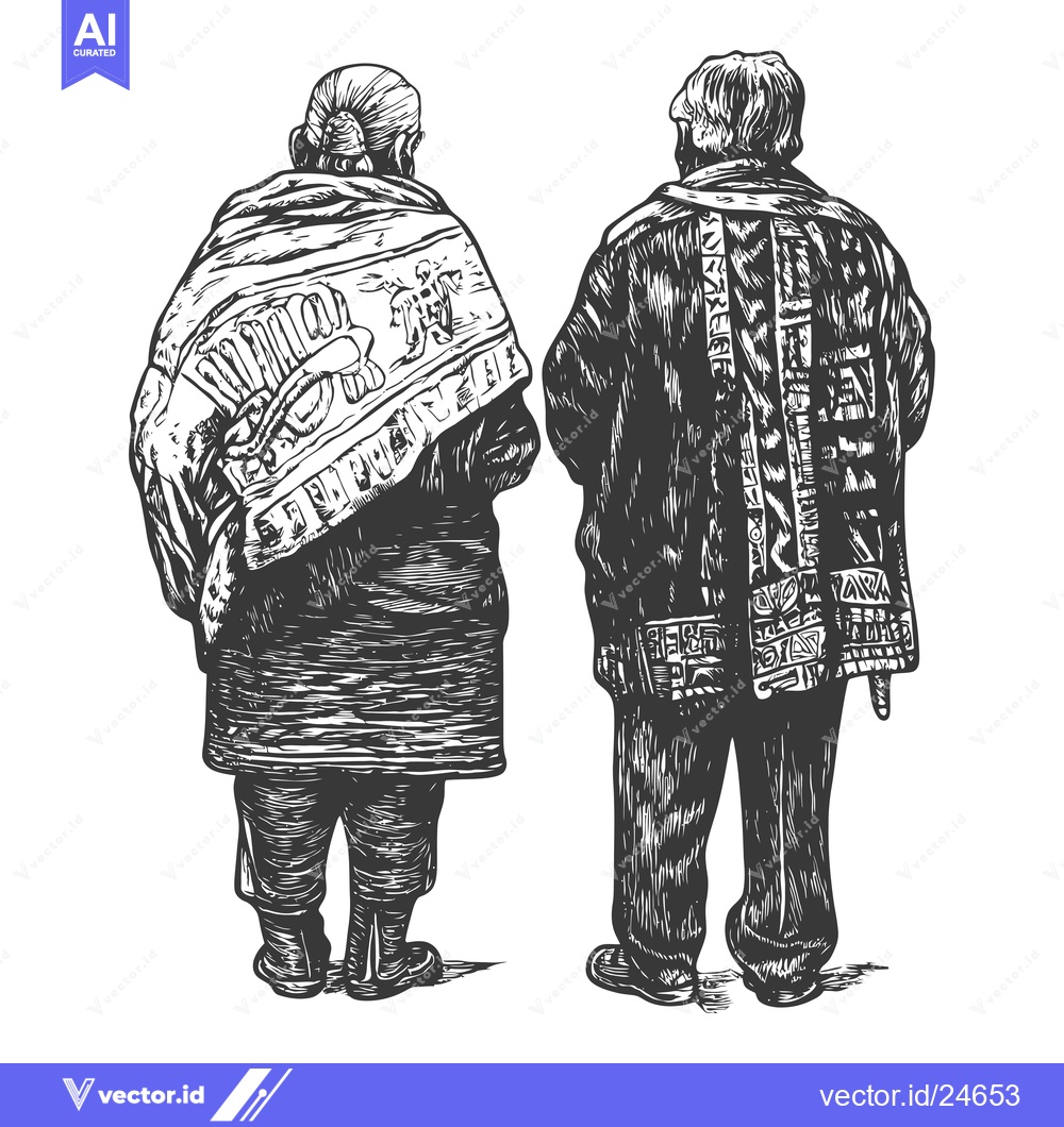Premium Vector of Black and White Illustration of Two Elderly People in Traditional Clot