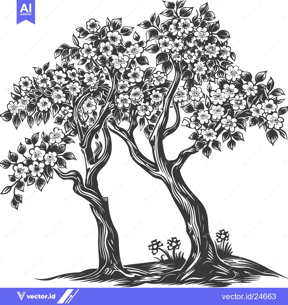 Premium Vector of Black and White Illustration of Two Trees with Flowers