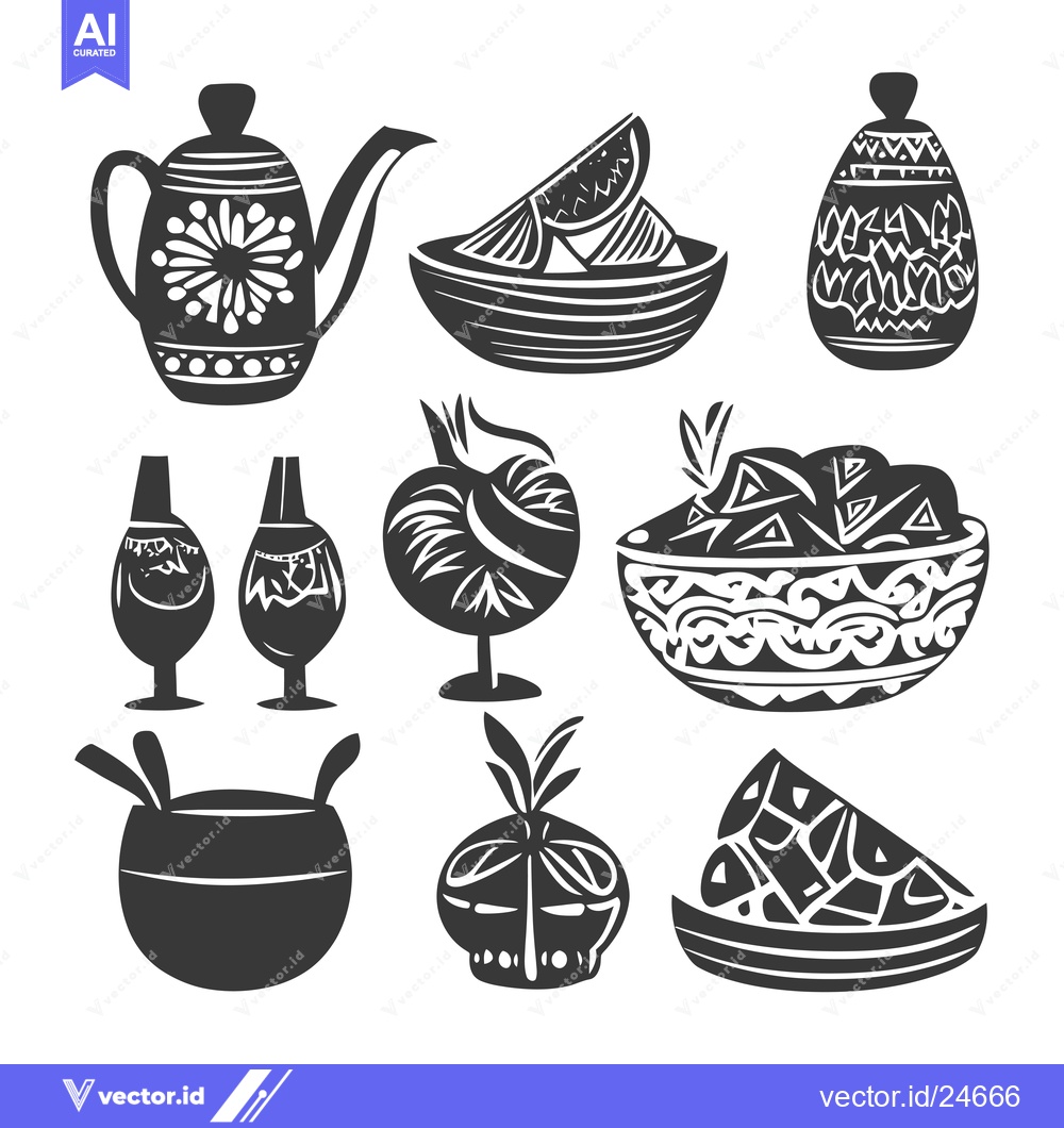 Premium Vector dari Black and White Illustration of Various Decorated Vessels and Food