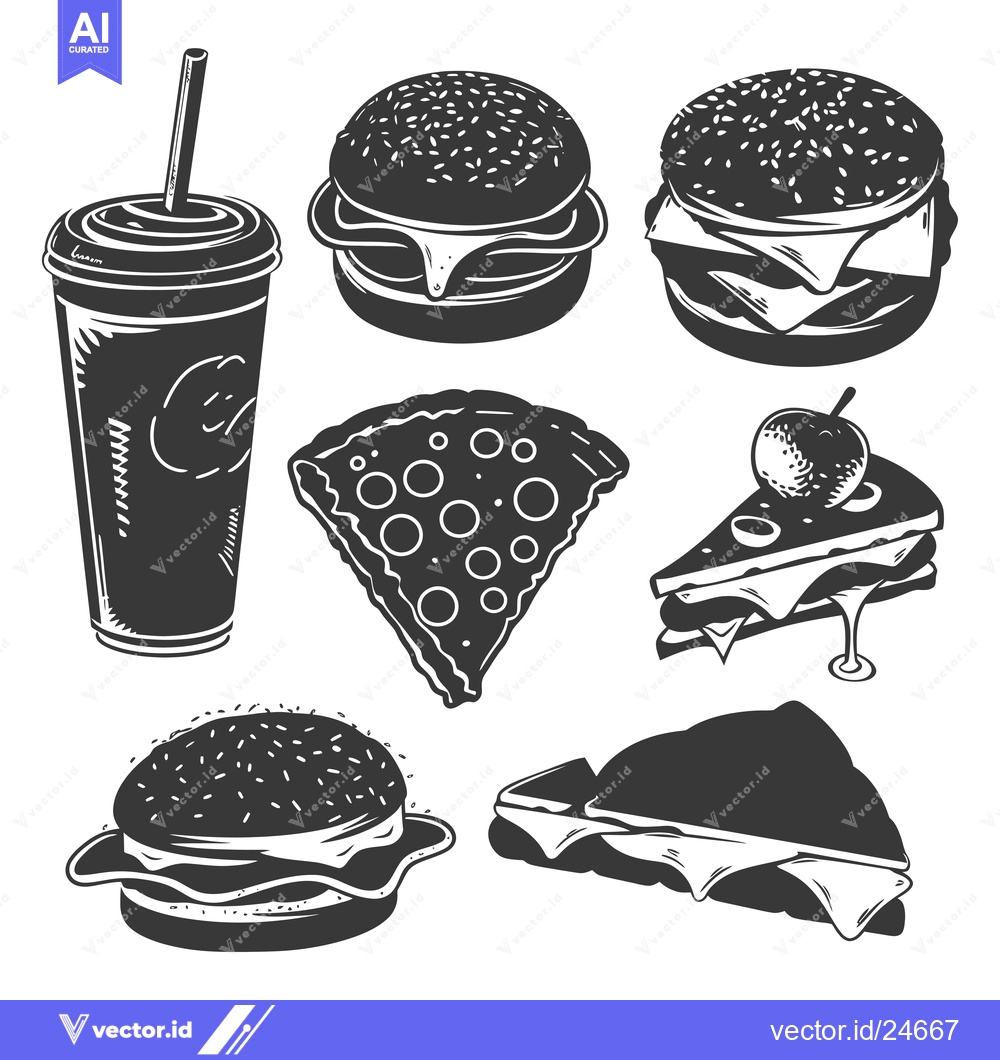 Premium Vector of Black and White Illustration of Various Fast Food Items