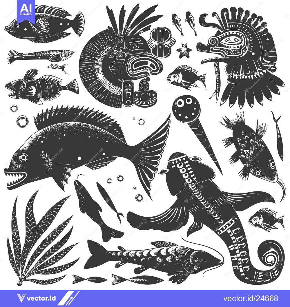 Premium Vector dari Black and White Illustration of Various Fish and Aquatic Creatures