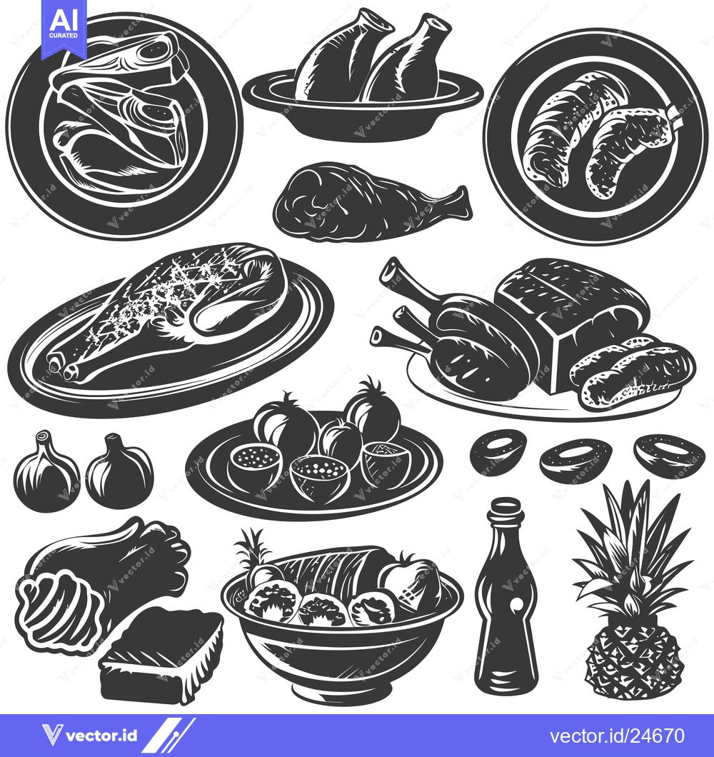 Premium Vector of Black and White Illustration of Various Foods, Including Meat, Fruit,