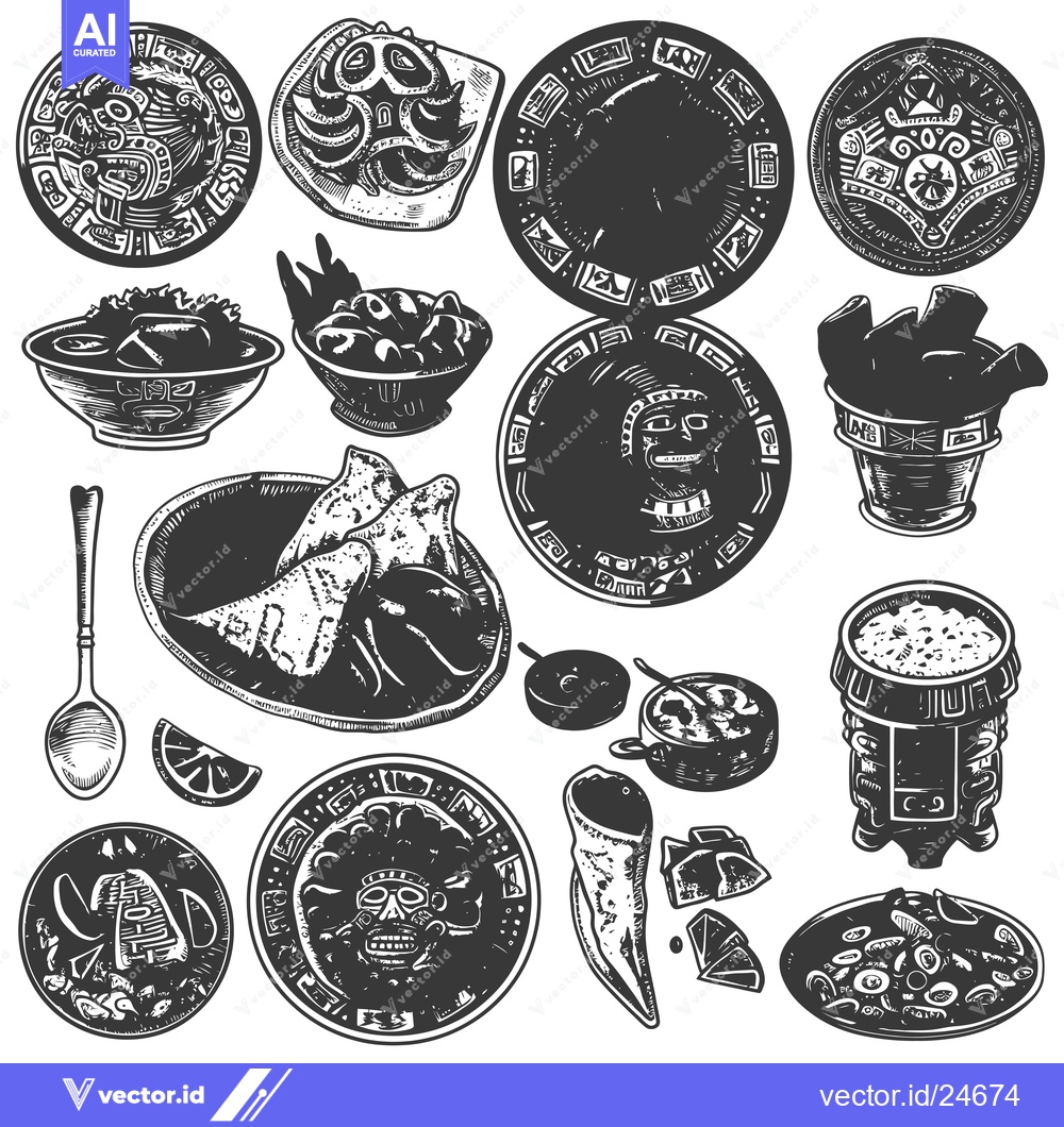 Premium Vector dari Black and White Illustration of Various Mayan and Aztec Artifacts and