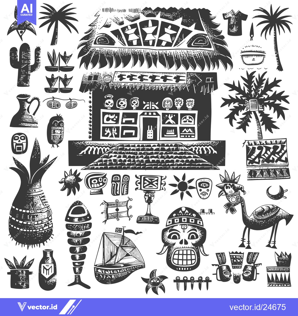 Premium Vector dari Black and White Illustration of Various Mayan and Aztec Cultural Artif