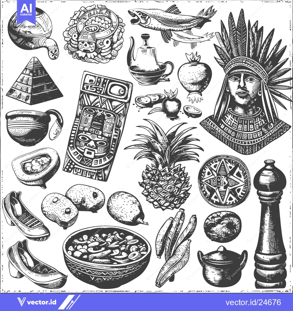Premium Vector of Black and White Illustration of Various Mayan Cultural Elements