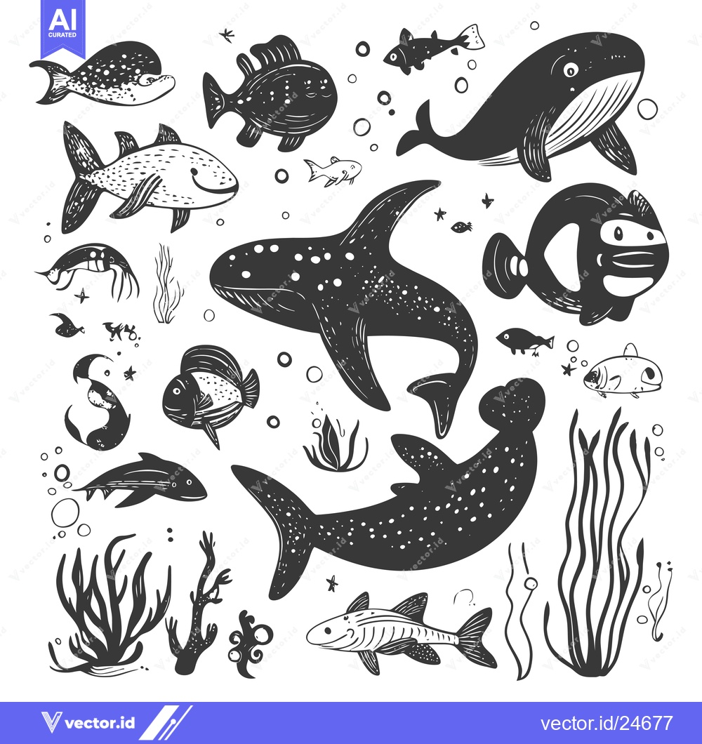 Premium Vector dari Black and White Illustration of Various Sea Creatures and Plants