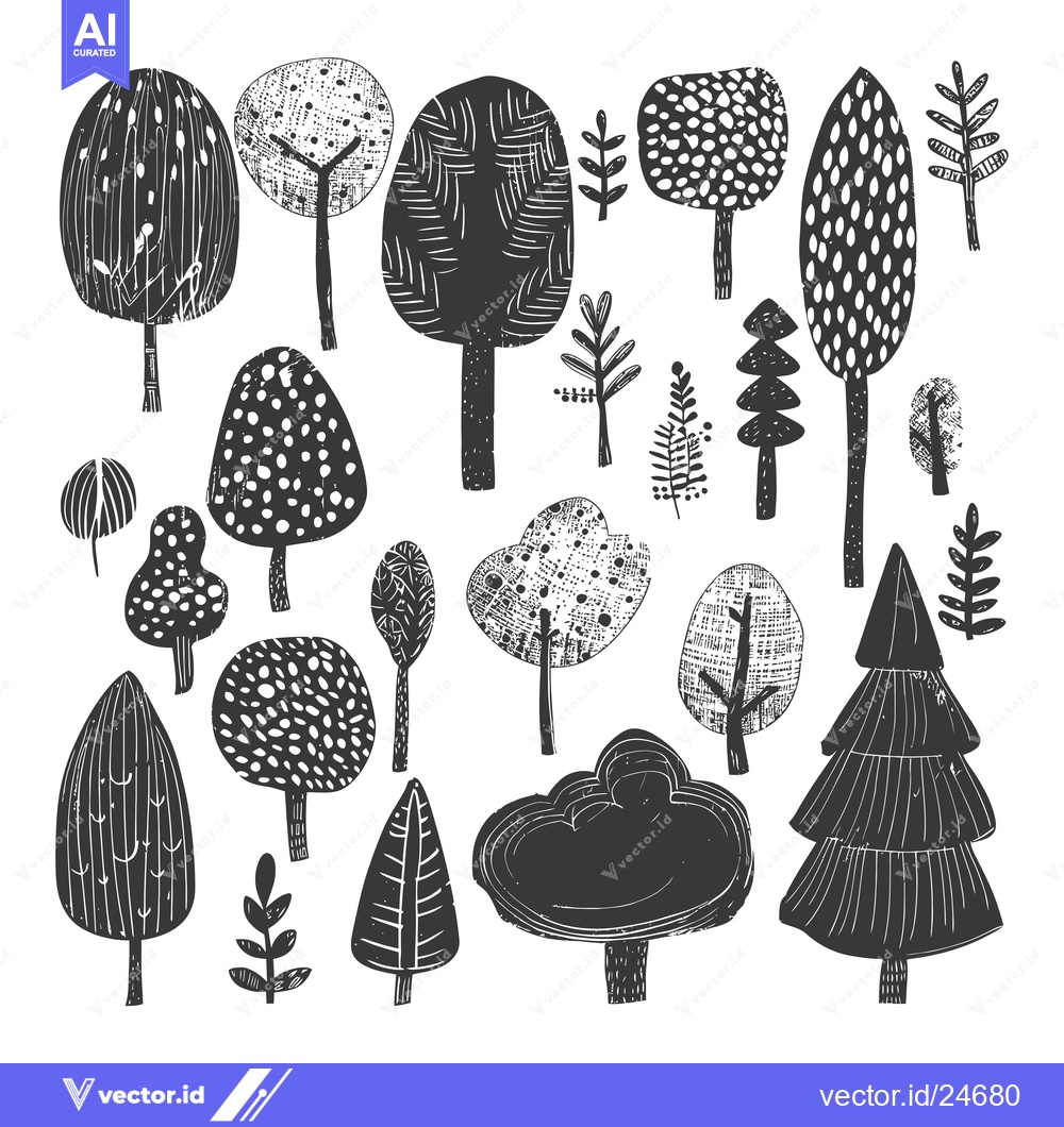 Premium Vector of Black and White Illustration of Various Tree Silhouettes