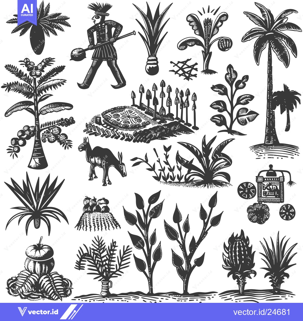 Premium Vector dari Black and White Illustration of Various Tropical Plants and a Person