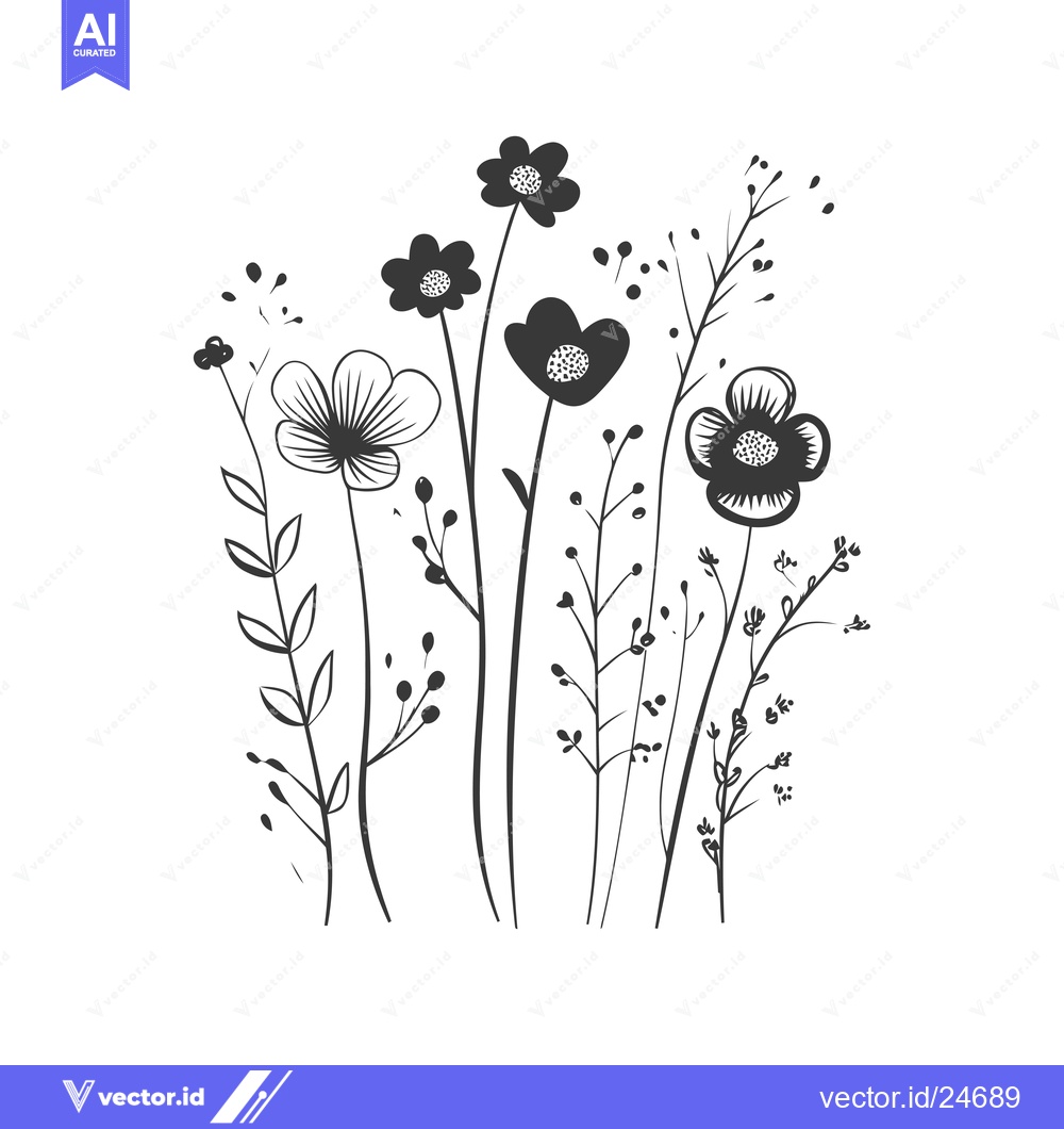 Premium Vector of Black and White Illustration of Wildflowers and Grasses
