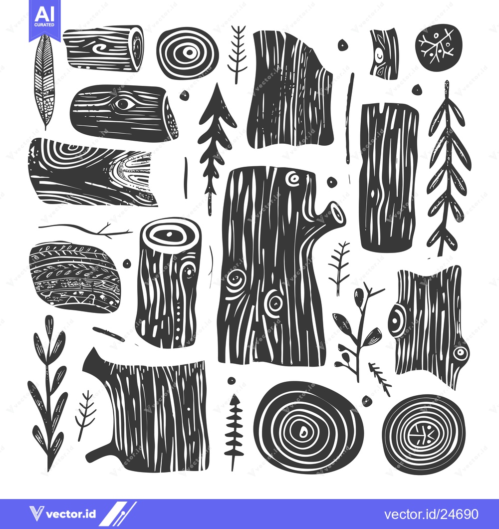 Premium Vector of Black and White Illustration of Wood, Logs, Branches, and Tree Rings