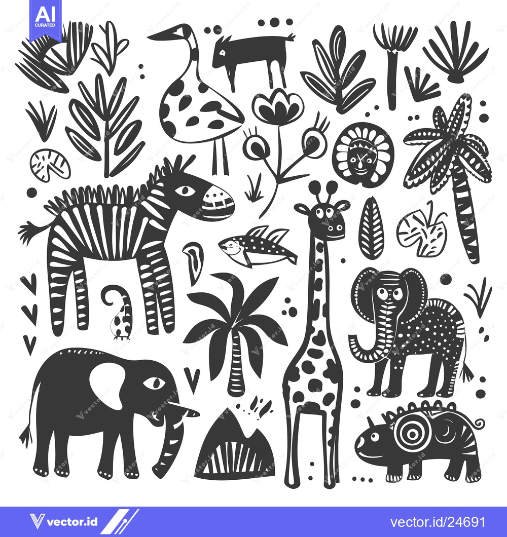Premium Vector dari Black and White Illustrations of African Animals and Plants