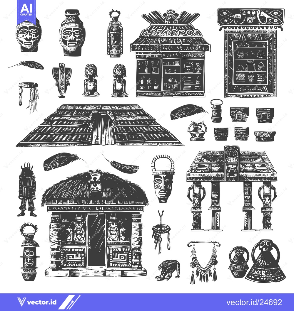 Premium Vector of Black and White Illustrations of Ancient Mayan and Aztec Cultural Arti