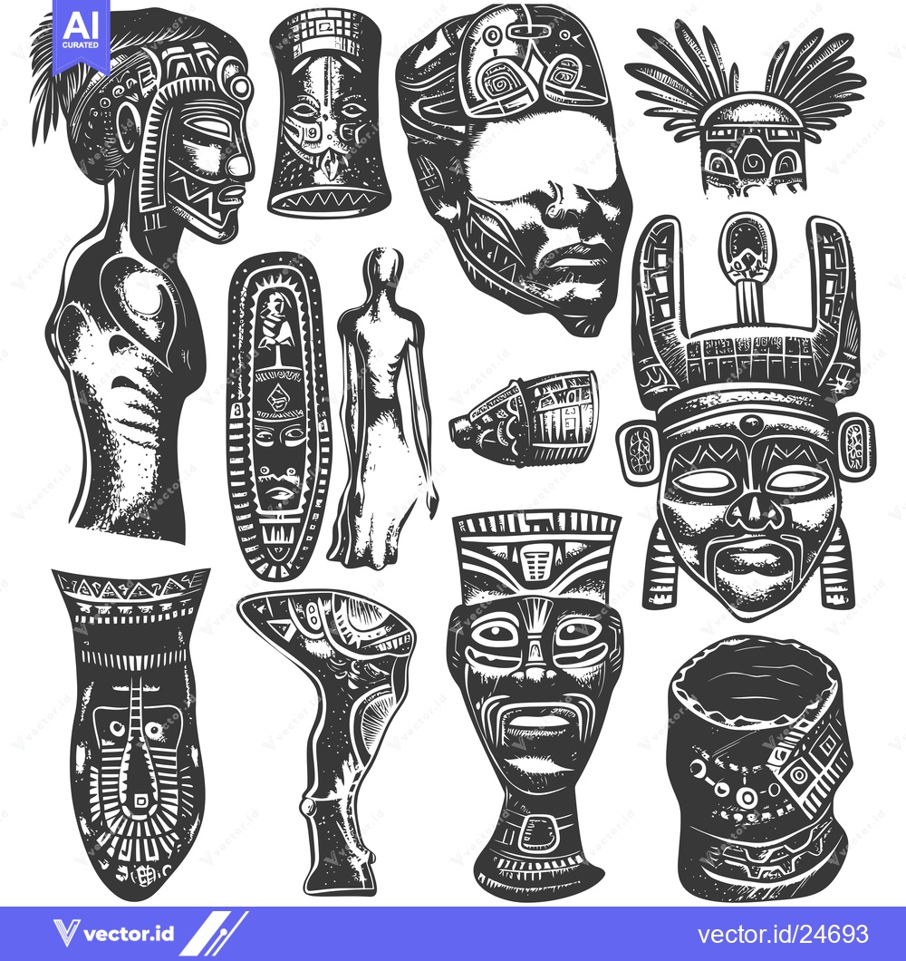 Premium Vector of Black and White Illustrations of Ancient Mayan Artifacts and Deities