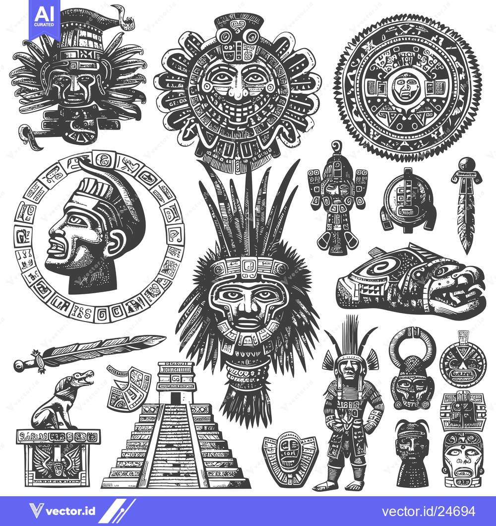 Premium Vector of Black and White Illustrations of Ancient Mayan Artifacts and Figures