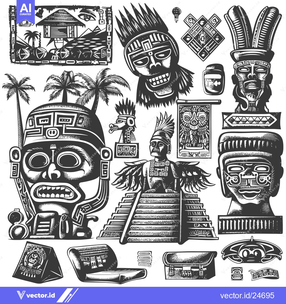 Premium Vector of Black and White Illustrations of Ancient Mayan Culture