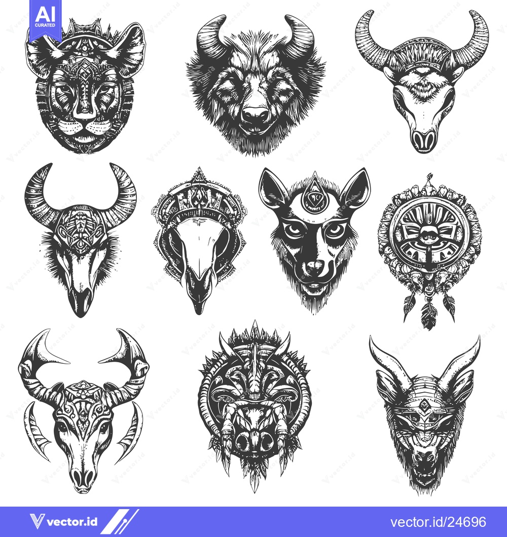 Premium Vector of Black and White Illustrations of Animal Skulls with Ornate Designs