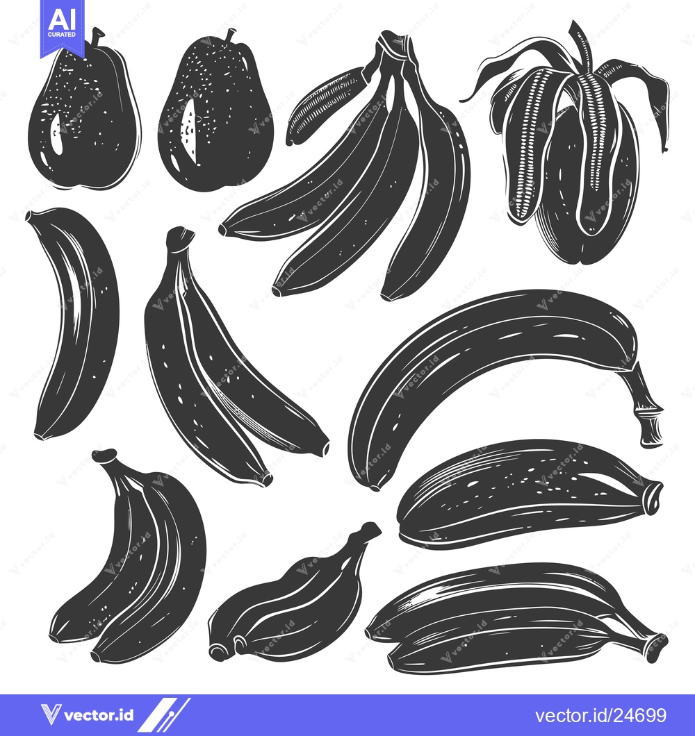 Premium Vector dari Black and White Illustrations of Bananas and Guava