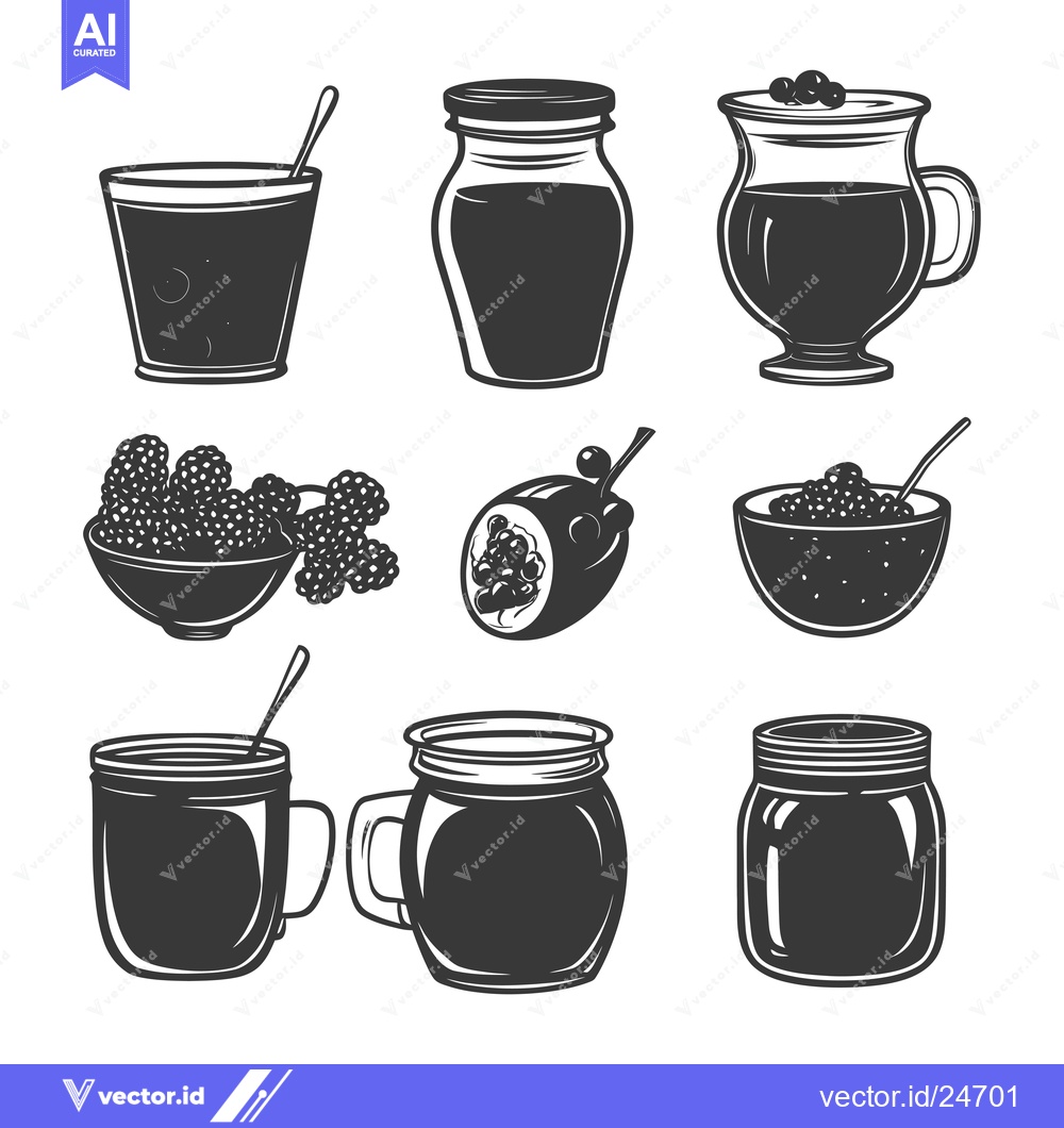Premium Vector of Black and White Illustrations of Berry Jam, Fruit, and Jars