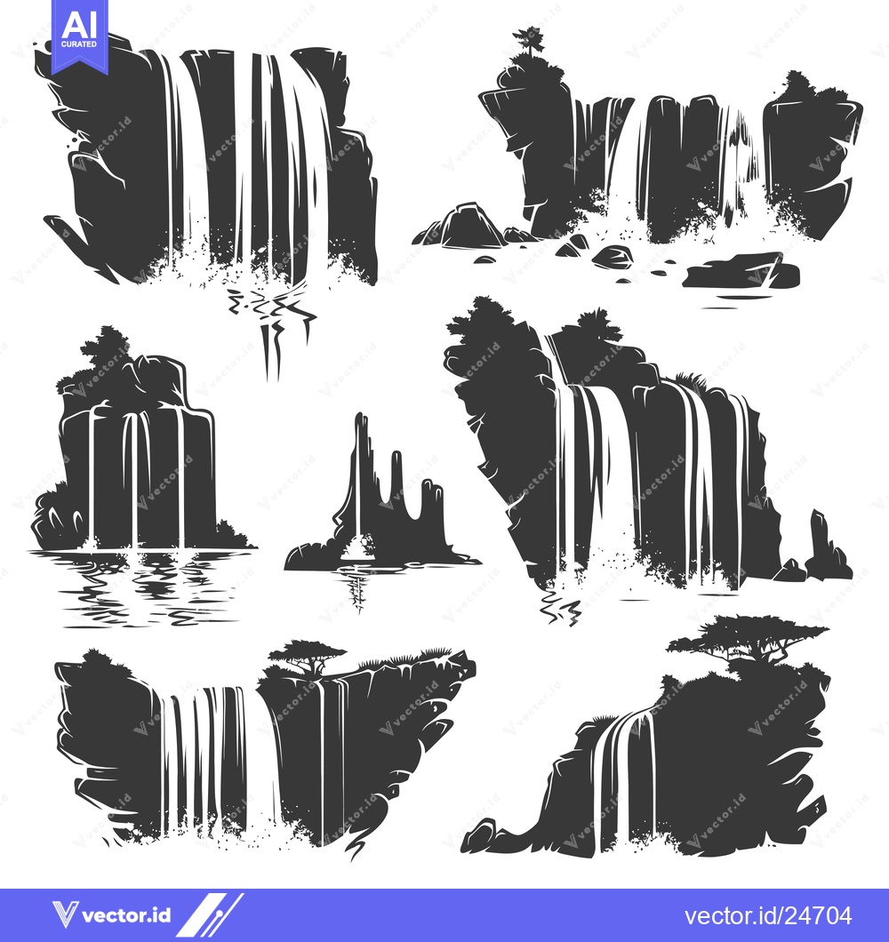 Premium Vector of Black and White Illustrations of Different Waterfalls