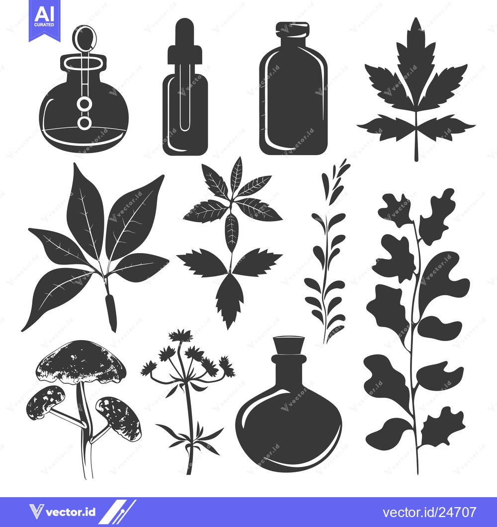 Premium Vector of Black and White Illustrations of Herbs, Leaves, and Bottles