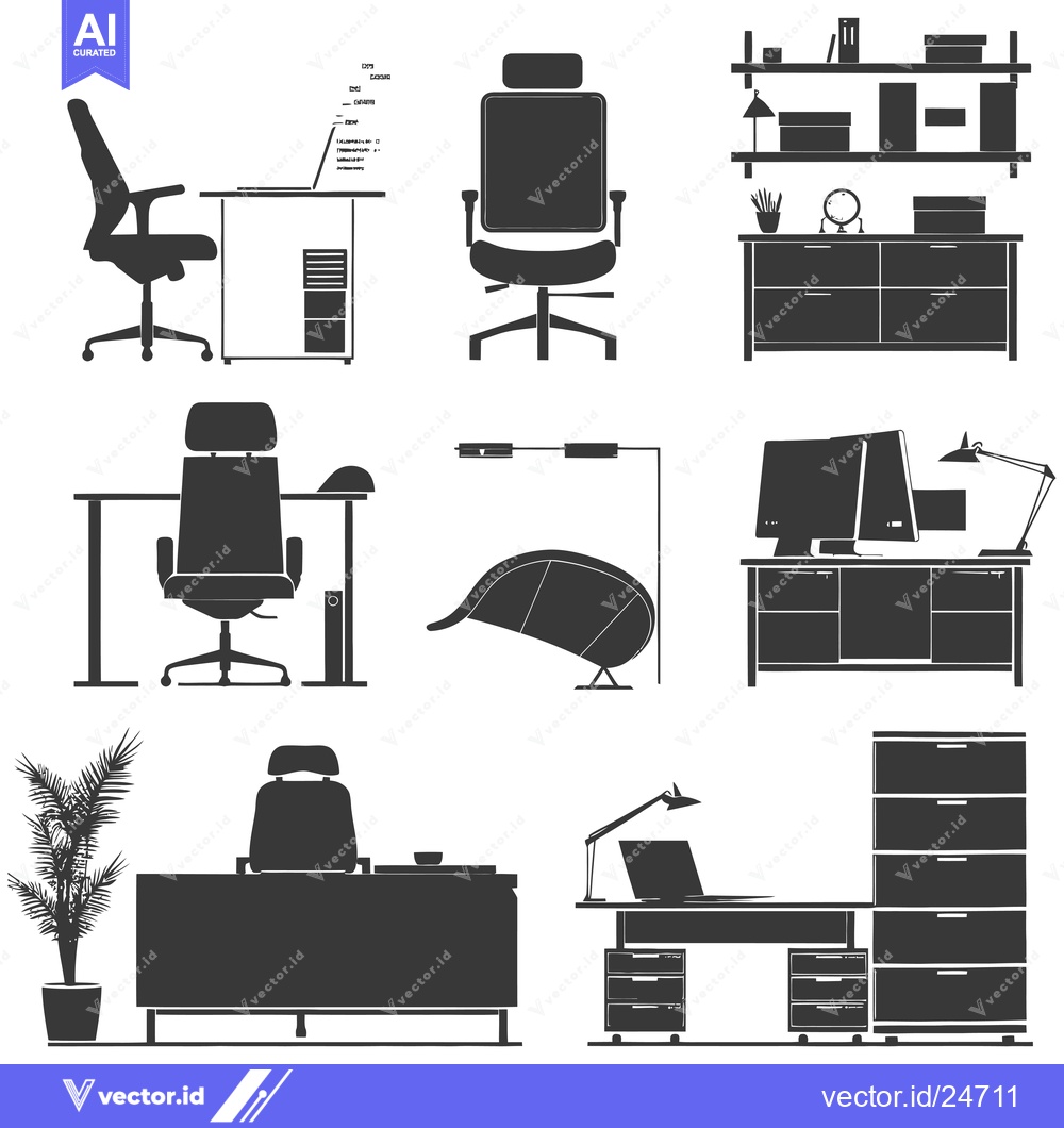 Premium Vector of Black and White Illustrations of Office Furniture and Decor