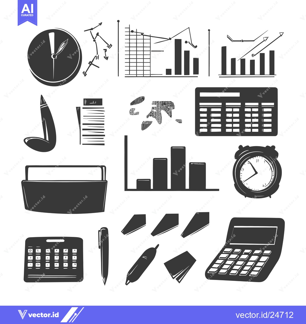 Premium Vector of Black and White Illustrations of Office Supplies and Charts
