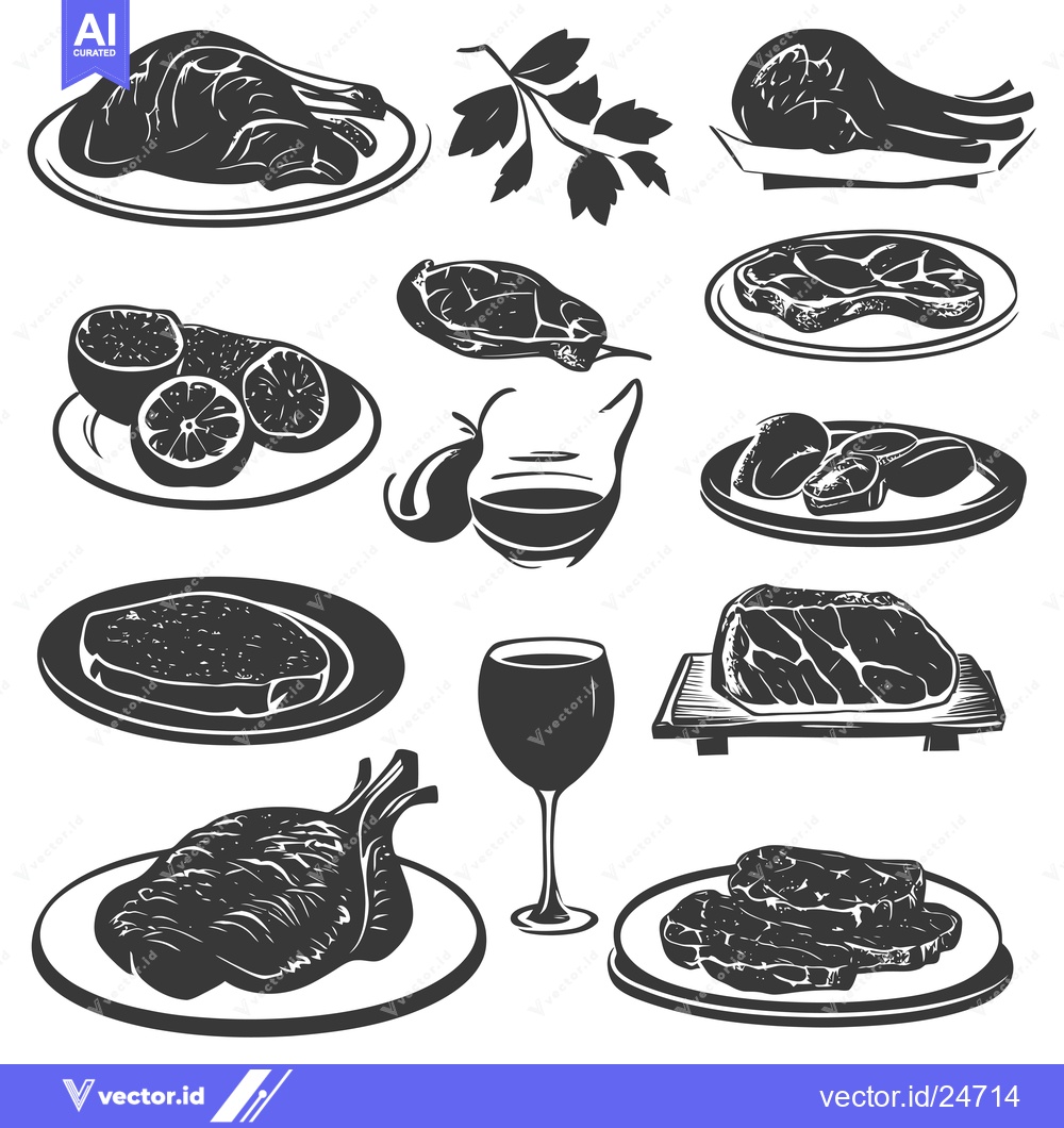 Premium Vector dari Black and White Illustrations of Steaks, Wine, and Citrus Fruit