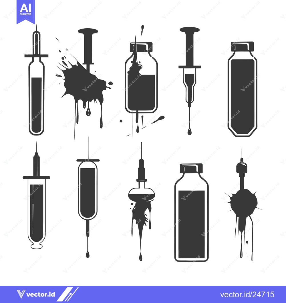 Premium Vector dari Black and White Illustrations of Syringes and Vials with Liquid Spills