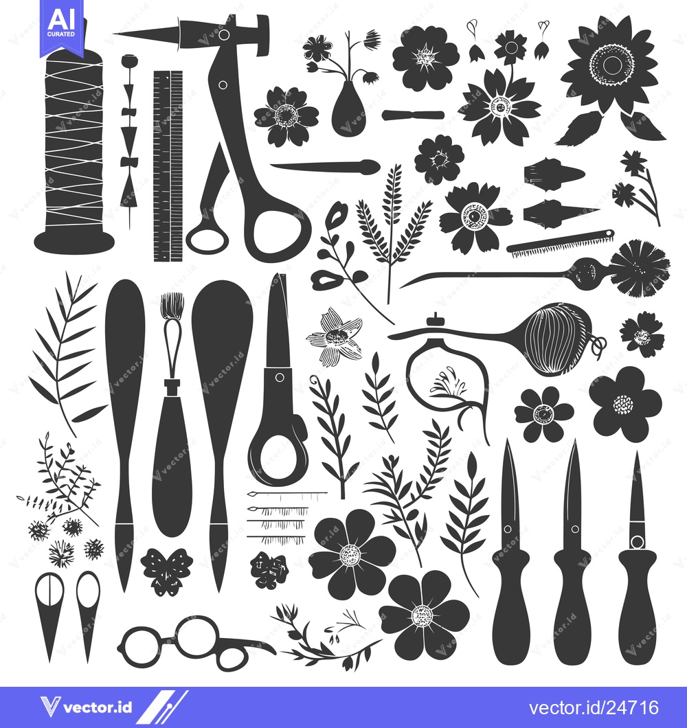 Premium Vector of Black and White Illustrations of Tools, Flowers, and Plants