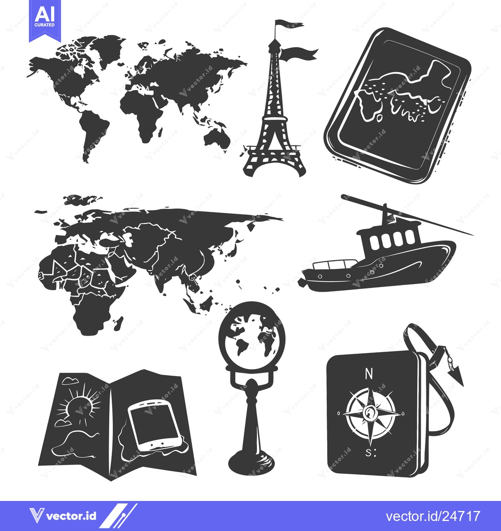 Premium Vector of Black and White Illustrations of Travel and Navigation Symbols