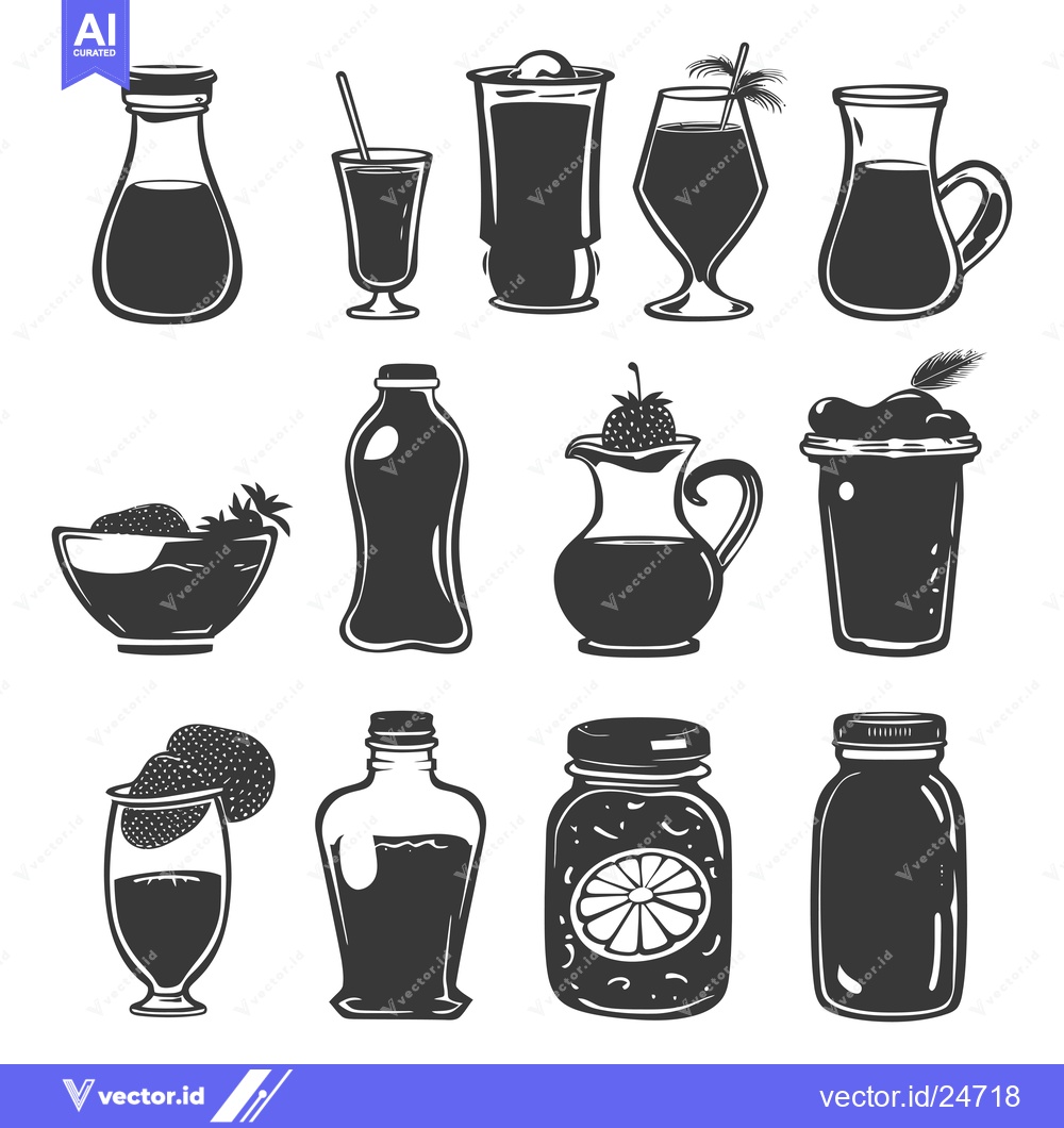 Premium Vector dari Black and White Illustrations of Various Beverages in Bottles, Glasses