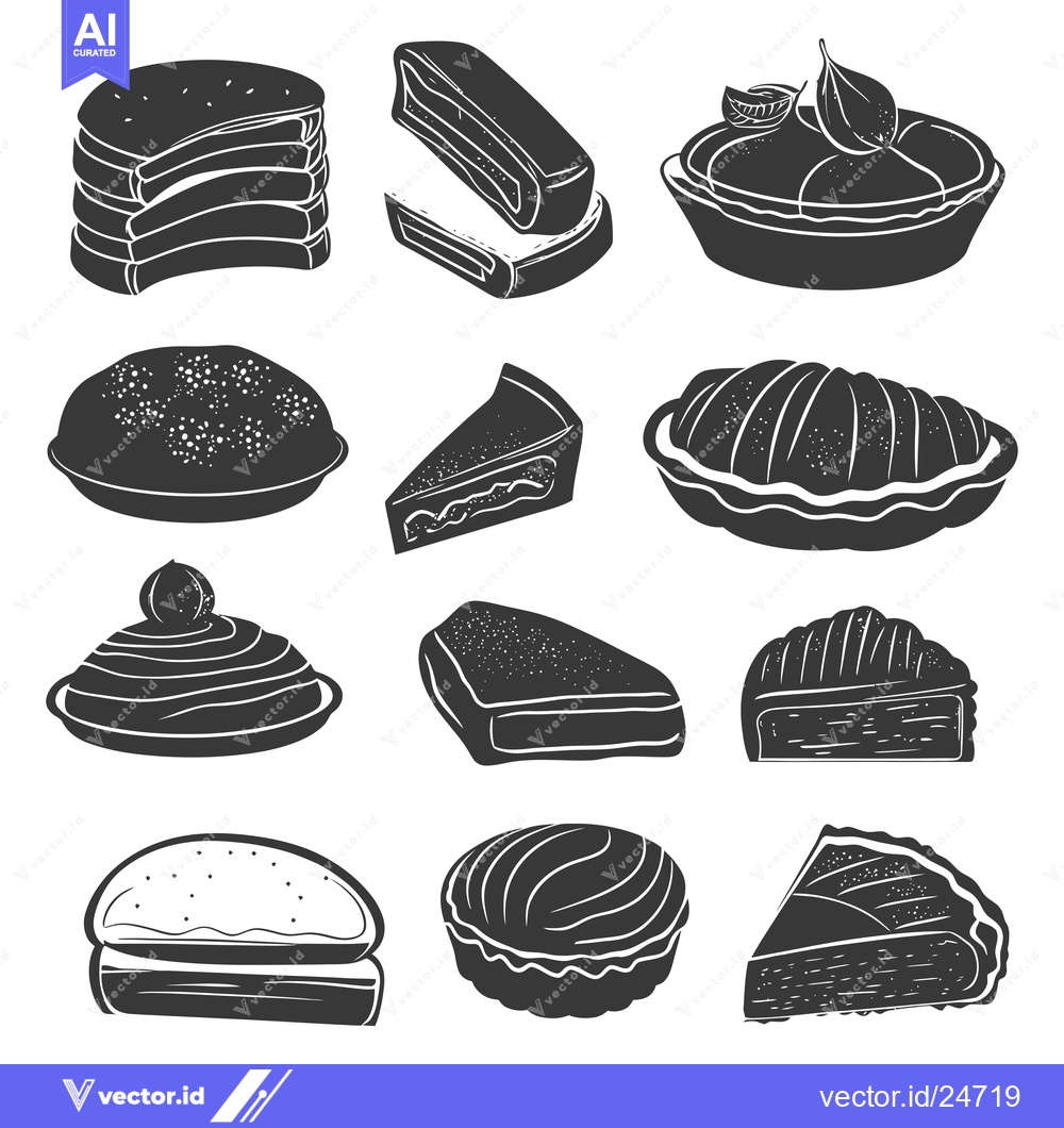 Premium Vector of Black and White Illustrations of Various Cakes and Pies