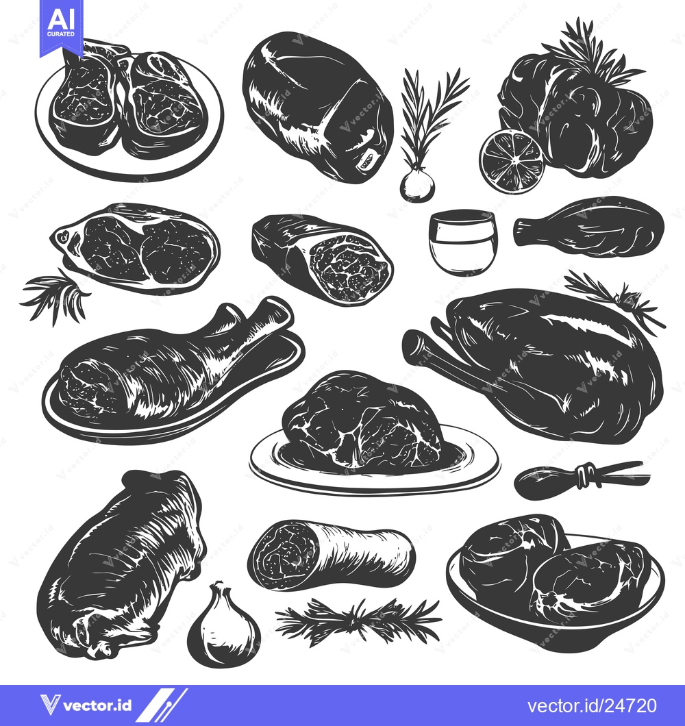 Premium Vector dari Black and White Illustrations of Various Cuts of Meat