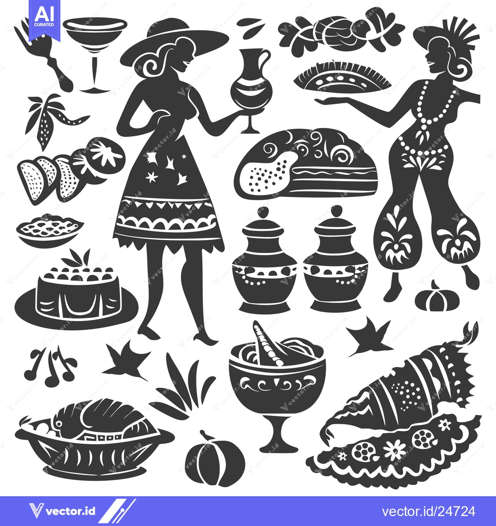 Premium Vector of Black and white illustrations of various food items, women, and kitche